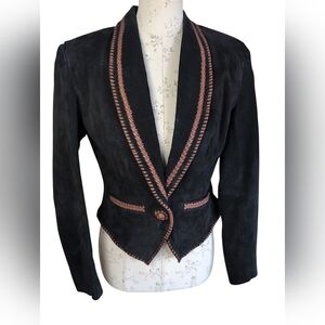 Echo Mountain Suede Leather Cropped Style Jacket Black Hand Braided trim 10